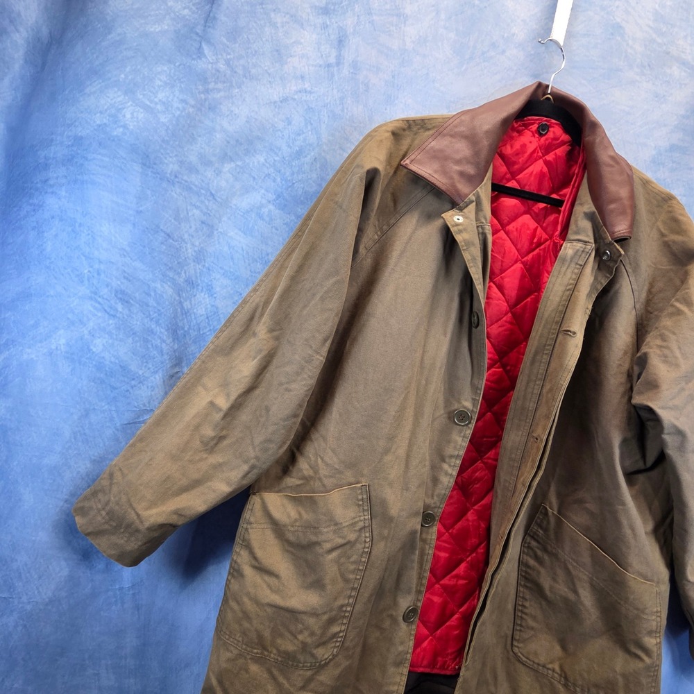Vintage Marlborough Brown Canvas Duster Coat Leather Collar Red Quilted Liner XL - Picture 6 of 12
